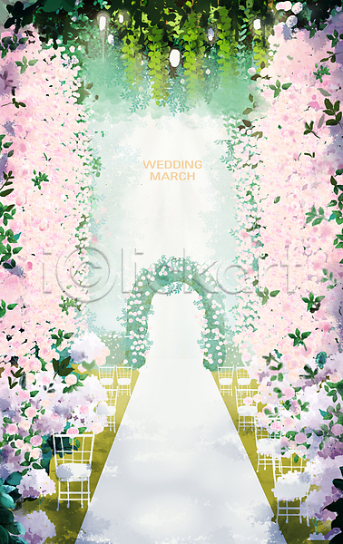 사람없음 PSD 일러스트 분홍색 빛 숲속 야외결혼 예식장 웨딩마치 자연 장미 초록색 풀잎 풍경(경치)