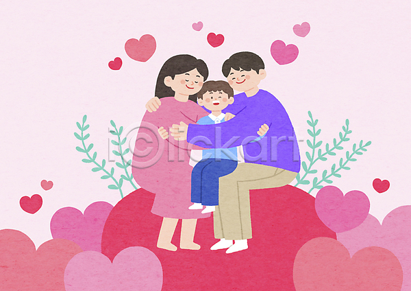 사랑 남자 성인 세명 소년 어린이 여자 PSD 일러스트 가족 가족애 분홍색 아들 아빠 앉기 엄마 전신 포옹 풀잎 하트