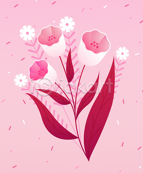 사람없음 AI(파일형식) 일러스트 꽃 분홍색 비바마젠타 여러송이 잎 자주색 트렌드컬러