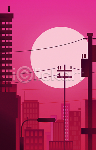 사람없음 AI(파일형식) 일러스트 건물 도시 도시풍경 보름달 분홍색 비바마젠타 빌딩 신호등 자주색 전봇대(시설물) 전선 트렌드컬러 하늘