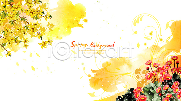사람없음 PSD 일러스트 개나리 개화 국화 꽃잎 노란색 들꽃 백그라운드 봄배경 봄풍경 봄향기 수채화(물감)