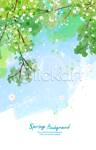 사람없음 PSD 일러스트 나무 나뭇잎 백그라운드 봄꽃 봄배경 봄풍경 봄향기 수채화(물감) 초록색 하늘색