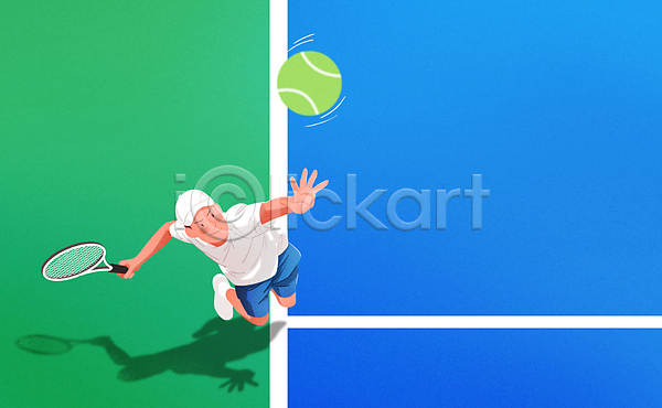 남자 성인 성인남자한명만 한명 PSD 일러스트 하이앵글 동호회 들기 생활체육 올려보기 전신 점프 초록색 테니스 테니스공 테니스라켓 테니스복 테니스장 파란색