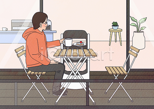 성인 성인여자한명만 여자 한명 PSD 일러스트 들기 로봇 서비스 서빙 야외테라스 운반 의자 전신 카페 커피 커피잔 케이크 탁자 화분