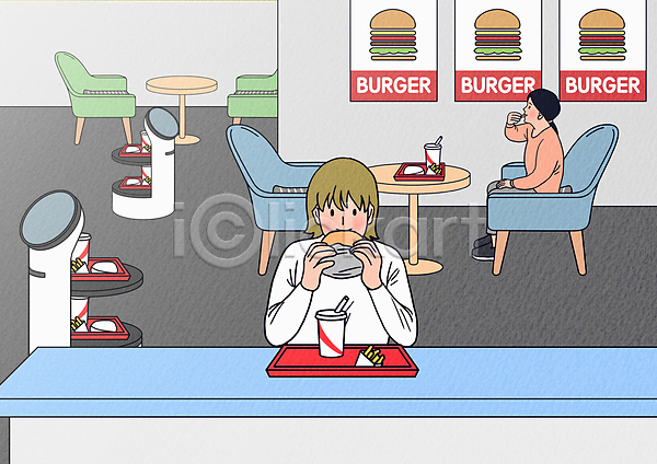 두명 성인 성인여자만 여자 PSD 일러스트 들기 로봇 먹기 상반신 서비스 서빙 앉기 운반 의자 전신 탁자 패스트푸드점 햄버거 햄버거가게