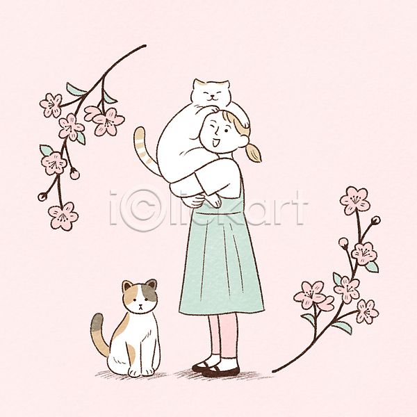 사랑 행복 소녀(어린이) 소녀한명만 어린이 여자 한명 PSD 일러스트 고양이 꽃가지 나뭇가지 두마리 반려묘 벚꽃 봄 분홍색 전신 파스텔톤 포옹