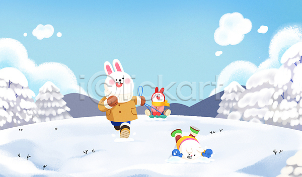 사람없음 PSD 일러스트 겨울 넘어짐 눈(날씨) 눈덮임 달리기 당기기 설원 세마리 승차 썰매 전신 토끼 토끼캐릭터 흰토끼