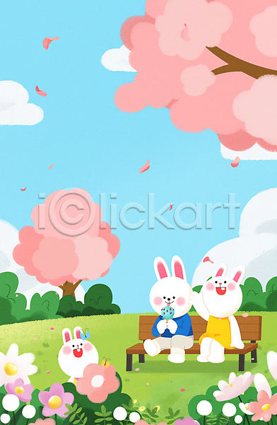 사람없음 PSD 일러스트 들기 벚꽃 벚나무 벤치 봄 세마리 아이스크림 앉기 올려보기 전신 토끼 토끼캐릭터 흰토끼