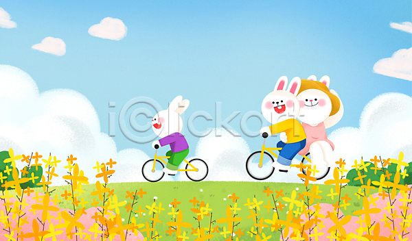즐거움 사람없음 PSD 일러스트 개나리 꽃밭 미소(표정) 봄 세마리 승차 자전거 잡기 전신 챙모자 토끼 토끼캐릭터 흰토끼