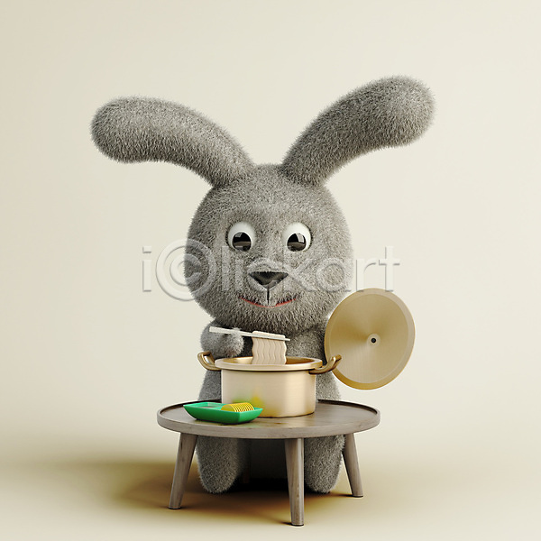 사람없음 3D PSD 디지털합성 편집이미지 3D소스 3D캐릭터 냄비 단무지 라면 식탁 앉기 젓가락 토끼 토끼캐릭터 편집 편집소스 회색