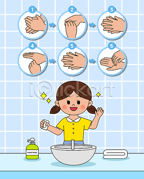 순서 소녀(어린이) 소녀한명만 신체부위 어린이 여자 한명 AI(파일형식) 일러스트 비누 상반신 손 손씻기 손씻기방법 어린이교육 위생관리 잡기 청결 하늘색 화장실