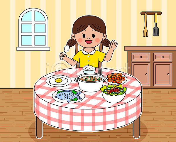 소녀(어린이) 소녀한명만 어린이 여자 한명 AI(파일형식) 일러스트 들기 숟가락 식사 식습관 식탁 앉기 어린이교육 음식 주방