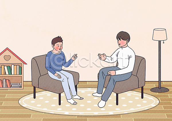 남자 남자만 두명 성인 소년 어린이 AI(파일형식) 일러스트 가구 대화 마음건강 미소(표정) 손짓 실내 심리상담 심리치료 앉기 의사 의자 환자