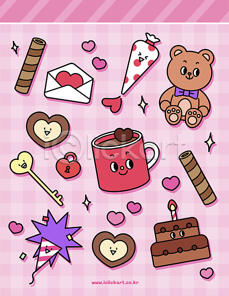 사람없음 AI(파일형식) 일러스트 갈색 곰인형 과자 기념일 발렌타인데이 분홍색 스티커 열쇠 자물쇠 짤주머니 초코케이크 초콜릿 코코아 편지 폭죽 하트