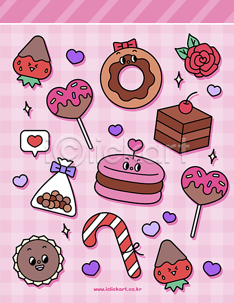 사람없음 AI(파일형식) 일러스트 갈색 기념일 도넛 딸기 마카롱 막대사탕 말풍선 발렌타인데이 분홍색 스티커 장미 지팡이사탕 초코케이크 초콜릿 하트