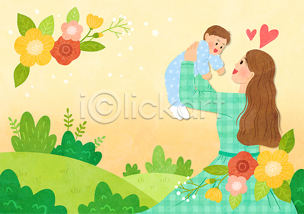 남자 두명 성인 아기 여자 PSD 일러스트 꽃 노란색 들어올리기 상반신 안기 엄마 전신 출산 파스텔톤
