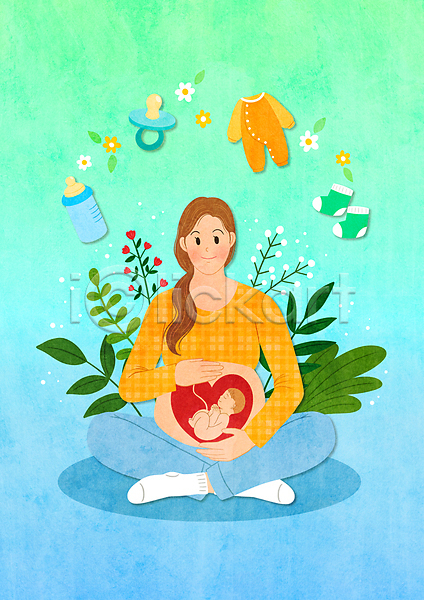 두명 성인 아기 여자 PSD 일러스트 가부좌 그라데이션 아기용품 안기 앉기 임산부 임신 태아 파스텔톤 하늘색