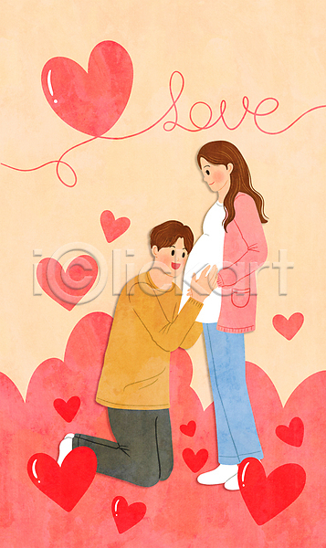 사랑 남자 두명 성인 성인만 여자 PSD 일러스트 무릎꿇기 부부 분홍색 안기 임산부 임신 전신 파스텔톤 하트