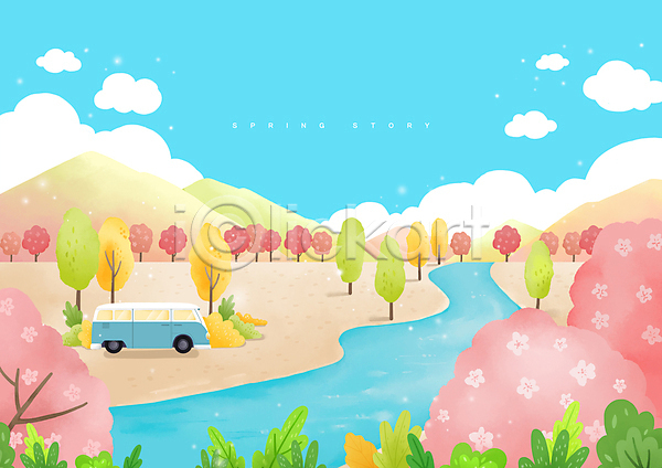 사람없음 PSD 일러스트 개울 나무 벚꽃 봄 캠핑 캠핑카 풍경(경치)