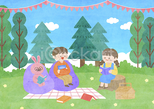 남자 두명 소녀(어린이) 소년 어린이 어린이만 여자 PSD 일러스트 나무밑둥 독서 들기 빈백 소풍 숲 앉기 전신 책 캐릭터 토끼