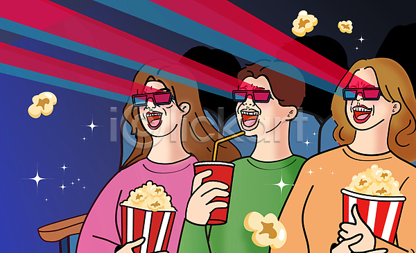 즐거움 행복 남자 성인 성인만 세명 여자 AI(파일형식) 일러스트 3D안경 관람 극장 들기 상반신 시청 앉기 영화 음료 카툰스타일 코믹 팝콘
