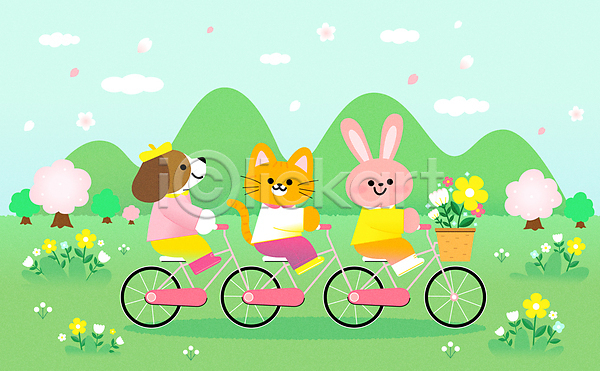 귀여움 사람없음 AI(파일형식) 일러스트 3인용자전거 강아지 고양이 봄꽃 승차 연두색 자전거 캐릭터 토끼