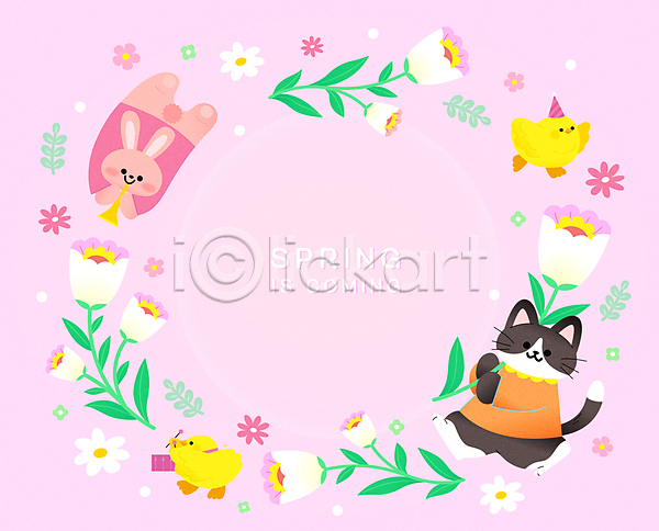 귀여움 사람없음 AI(파일형식) 일러스트 고양이 들기 백그라운드 병아리 봄 봄꽃 분홍색 카피스페이스 캐릭터 토끼 프레임