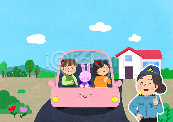 남자 성인 세명 소녀(어린이) 소년 어린이 여자 PSD 일러스트 경찰 교통안전 따봉 상반신 안전벨트 앉기 자동차 캐릭터 토끼