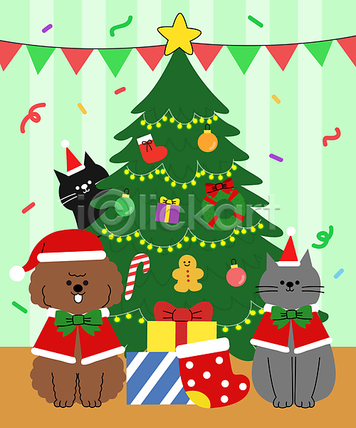 사람없음 AI(파일형식) 일러스트 강아지 고양이 반려견 산타모자 세마리 앉기 전신 캐릭터 크리스마스 크리스마스트리 파티 파티용품