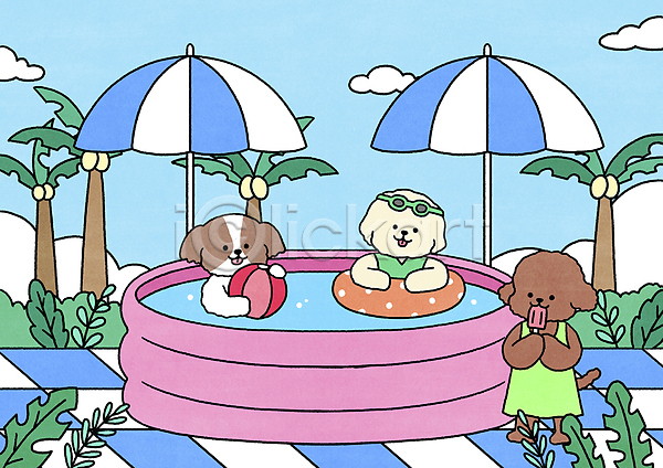 사람없음 PSD 일러스트 강아지 들기 먹기 수영장 아이스크림 캐릭터 튜브 파라솔 파티