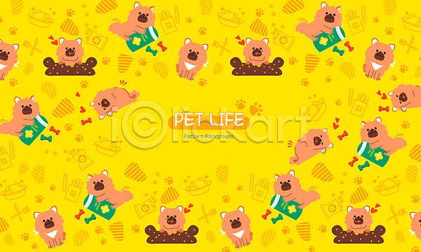 사람없음 AI(파일형식) 일러스트 강아지 노란색 백그라운드 애완용사료 영양제 패턴 펫푸드 포메라니안