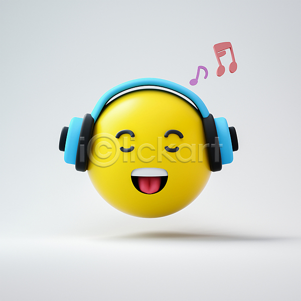 즐거움 사람없음 3D PSD 편집이미지 감정 노란색 노래 듣기 원형 음악 음악감상 음표 이모티콘 입벌림 표정 헤드폰