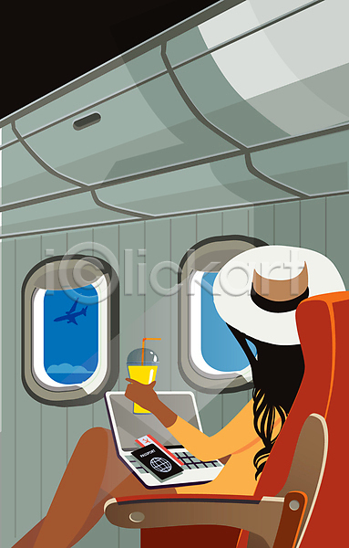 성인 성인여자한명만 여자 한명 AI(파일형식) 일러스트 내부 노트북 다리꼬기 들기 모자(잡화) 비행기 앉기 여권 여행 음료 의자 전신