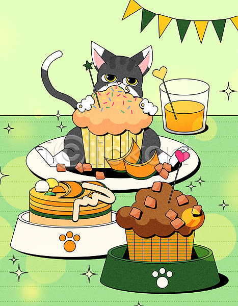 사람없음 AI(파일형식) 일러스트 고양이 고양이먹이 머핀 반려동물 반려묘 안기 애묘간식 초록색 컵케이크 케이크 파티 펫케어 펫푸드
