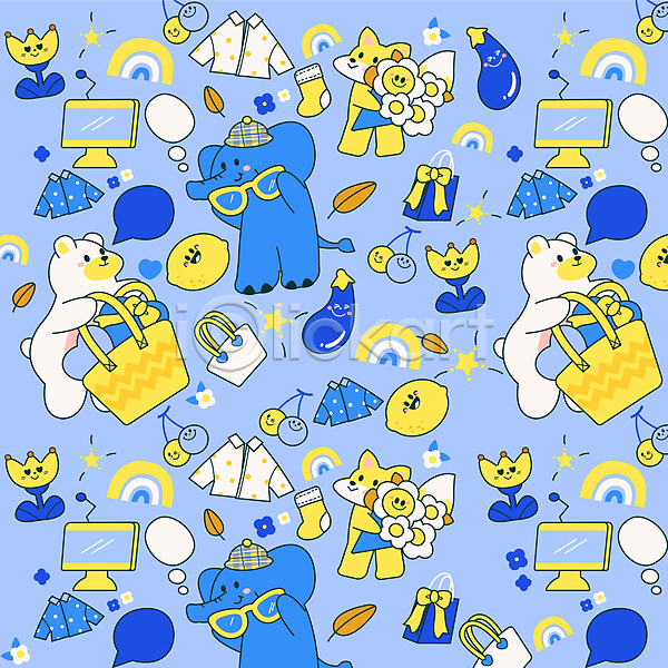 사람없음 AI(파일형식) 일러스트 곰 꽃다발 노란색 들기 레몬 말풍선 모니터 선글라스 셔츠 쇼핑 여우 유행 장바구니 체리 캐릭터 코끼리 튤립 트렌드컬러 파란색 패턴