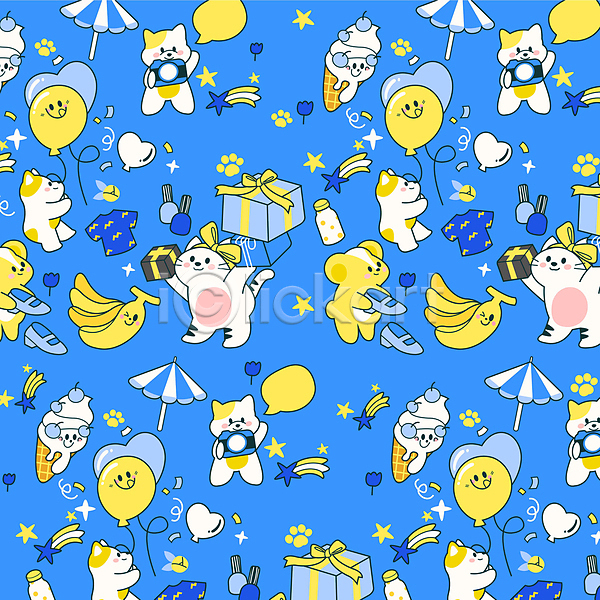 사람없음 AI(파일형식) 일러스트 강아지 고양이 노란색 들기 바나나 선물상자 쇼핑 신발 아이스크림 유행 쥐 카메라 캐릭터 트렌드컬러 파란색 패턴 풍선