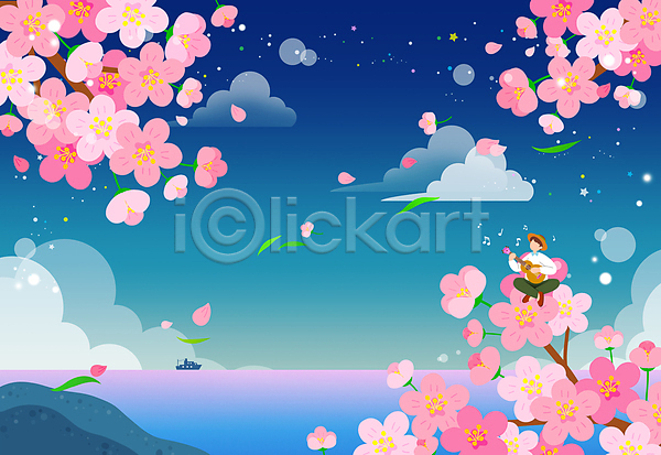 남자 성인 성인남자한명만 한명 PSD 일러스트 기타 꽃잎 남색 바다 벚꽃 봄 분홍색 야간 연주 전신 풍경(경치) 하늘