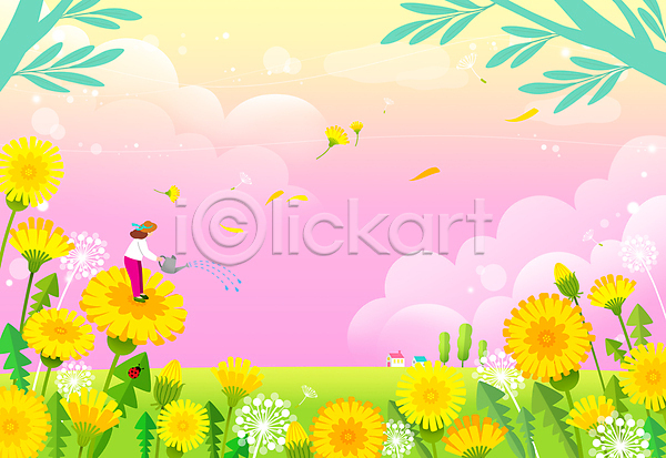 성인 성인여자한명만 여자 한명 PSD 일러스트 들기 물뿌리개 물주기 민들레홀씨 봄 분홍색 전신 풍경(경치) 하늘
