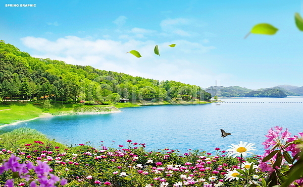 사람없음 PSD 편집이미지 꽃밭 봄 자연 풍경(경치) 호수