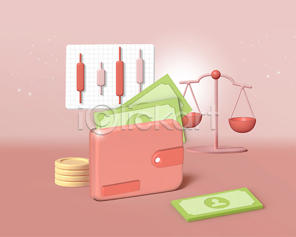 사람없음 3D PSD 편집이미지 그래프 돈 동전 분홍색 저울 지갑