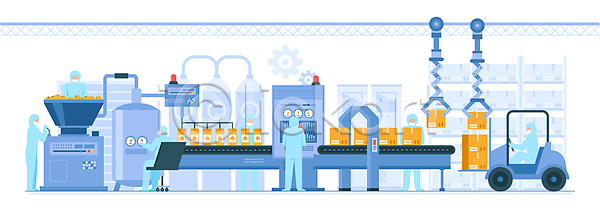 이동 성인 성인만 여러명 AI(파일형식) 일러스트 공장 기계 방진복 병(담는) 상자 생산라인 시스템 오렌지주스 운전 작동 전신 지게차 직원 파란색