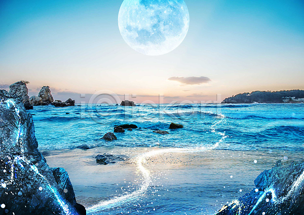 사람없음 PSD 편집이미지 달 몽환 물결 바위 빛 자연 파란색 풍경(경치) 하늘 해변