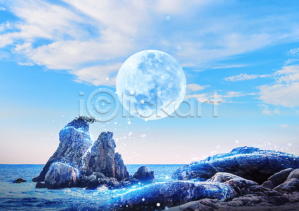 사람없음 PSD 편집이미지 구름(자연) 달 몽환 물결 바위 빛 자연 파란색 풍경(경치) 하늘 해변