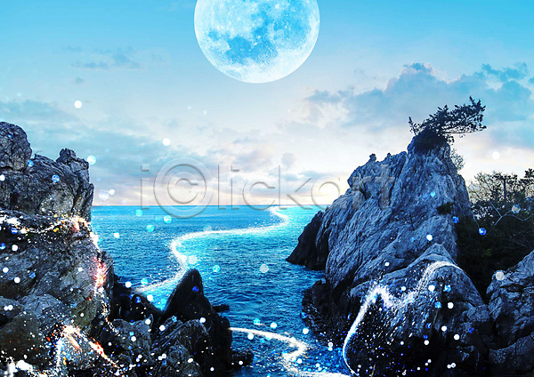 사람없음 PSD 편집이미지 구름(자연) 달 몽환 물결 바위 빛 자연 파란색 풍경(경치) 하늘 해변 해안절벽