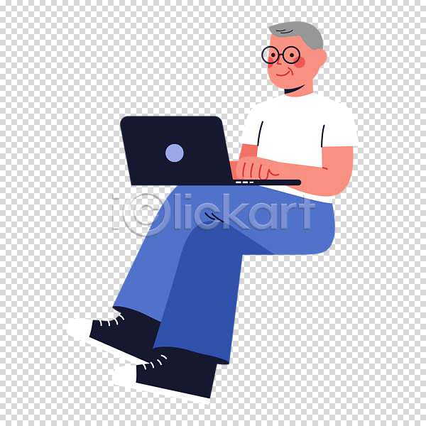 남자 노년 노인남자한명만 한명 PNG 편집이미지 노트북 누끼 다리꼬기 들기 전신 타이핑