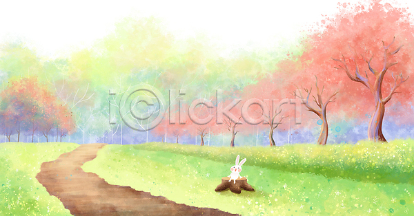 사람없음 PSD 일러스트 길 나무밑둥 백그라운드 벚나무 봄 수채화(물감) 앉기 올려보기 잔디 초록색 토끼 풍경(경치)