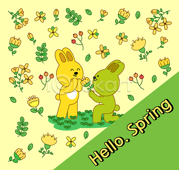 사람없음 AI(파일형식) 일러스트 꽃 노란색 들기 무릎꿇기 봄 봄꽃 손모으기 연두색 주기 캐릭터 토끼 패턴 프로포즈