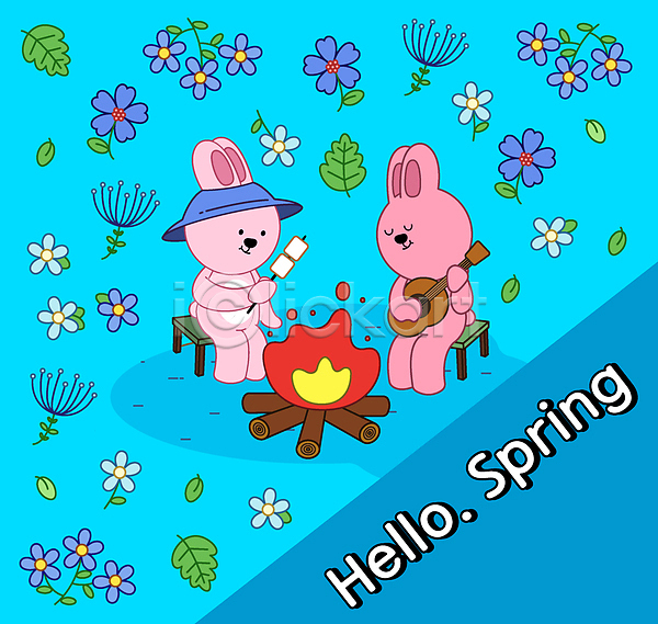 사람없음 AI(파일형식) 일러스트 기타 꽃 들기 마시멜로우 모닥불 봄 봄꽃 스모어 앉기 연주 캐릭터 캠핑 캠핑의자 토끼 패턴 하늘색