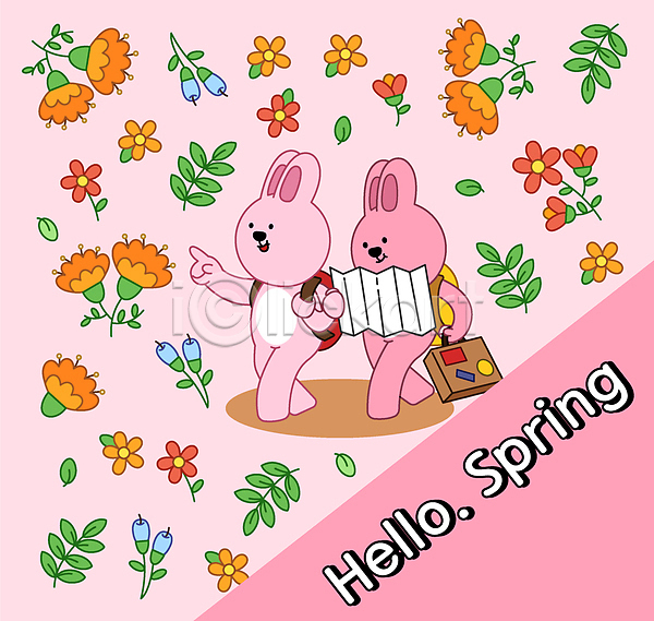 사람없음 AI(파일형식) 일러스트 가리킴 걷기 꽃 들기 봄 봄꽃 분홍색 여행 여행가방 지도 캐릭터 토끼 패턴