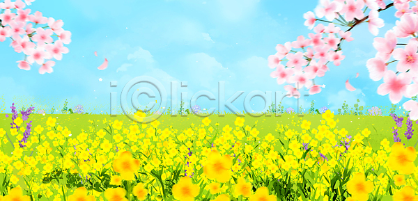 사람없음 PSD 일러스트 꽃잎 벚꽃 봄 봄꽃 언덕 유채 자연 풍경(경치) 하늘